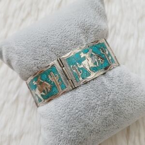 Vintage Mexico Sterling Silver Turquoise Inlay Bracelet